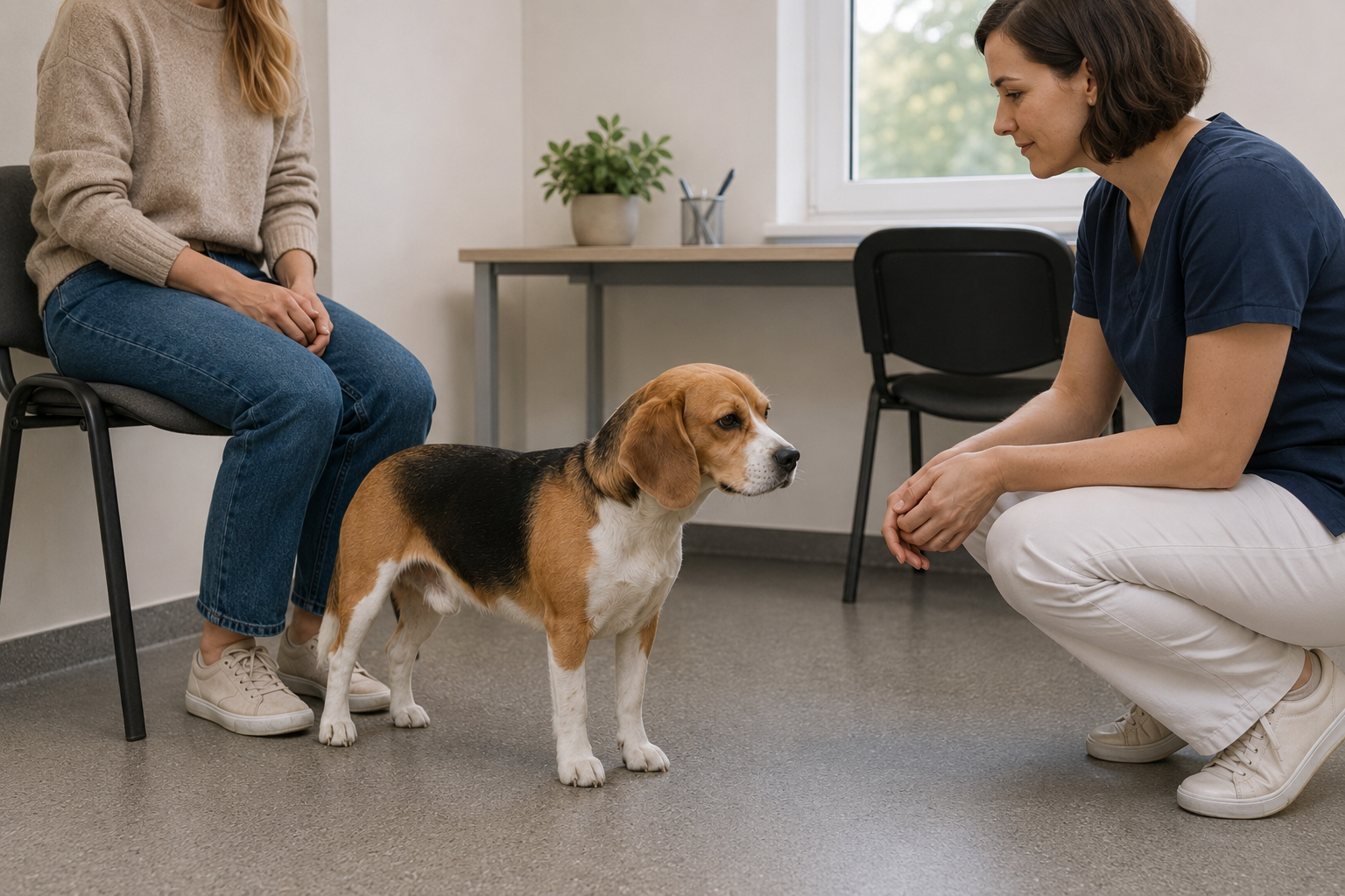 Veterinářka sleduje bígla během konzultace o jeho chování